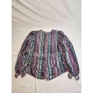 Vintage Eva Laurel Paris Metallic Striped Button Back Blouse Purple Teal Size 12